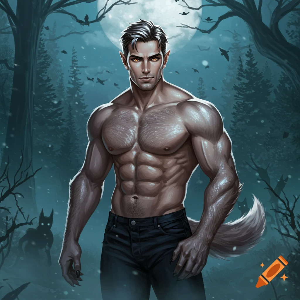 Muscular werewolf man with fur, claws, and tail in a snowy forest at night under a full moon, digital art.