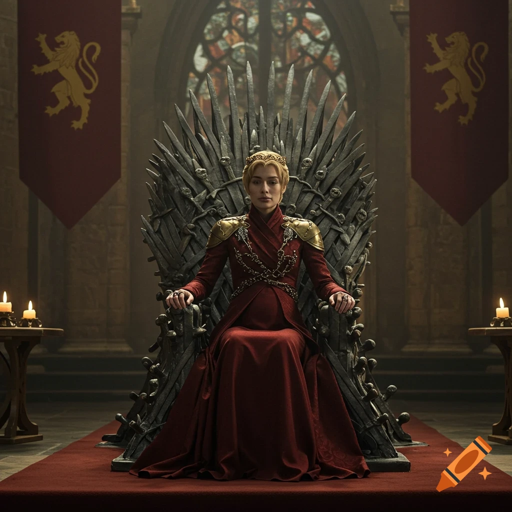 A photorealistic image of Cersei Lannister, wearing a red gown and crown, sitting on the Iron Throne in a grand castle hall with Lannister banners.