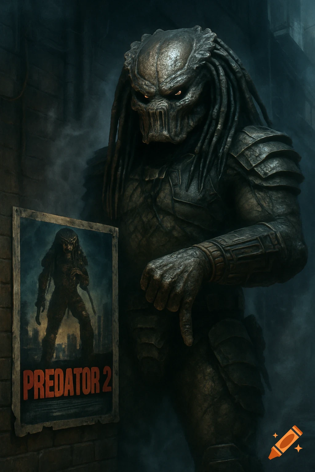 Photorealistic image of the Predator pointing a thumb down at a "Predator 2" movie poster in a dark, atmospheric setting.