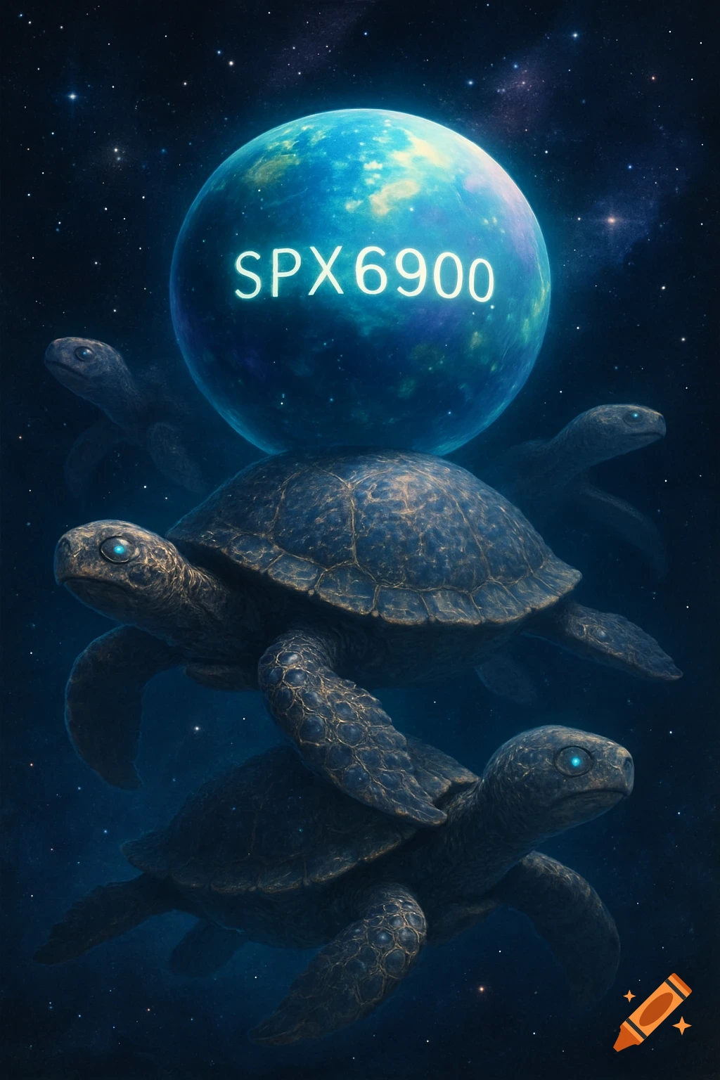 Several large turtles stacked in deep space, the top one carrying a glowing blue planet named SPX6900, surrounded by stars.