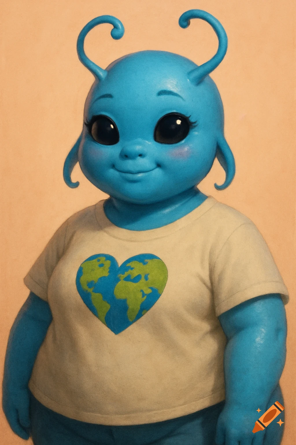 A cute, chubby blue-skinned alien creature with large black eyes and antennae, wearing a cream t-shirt with a heart-shaped Earth logo.
