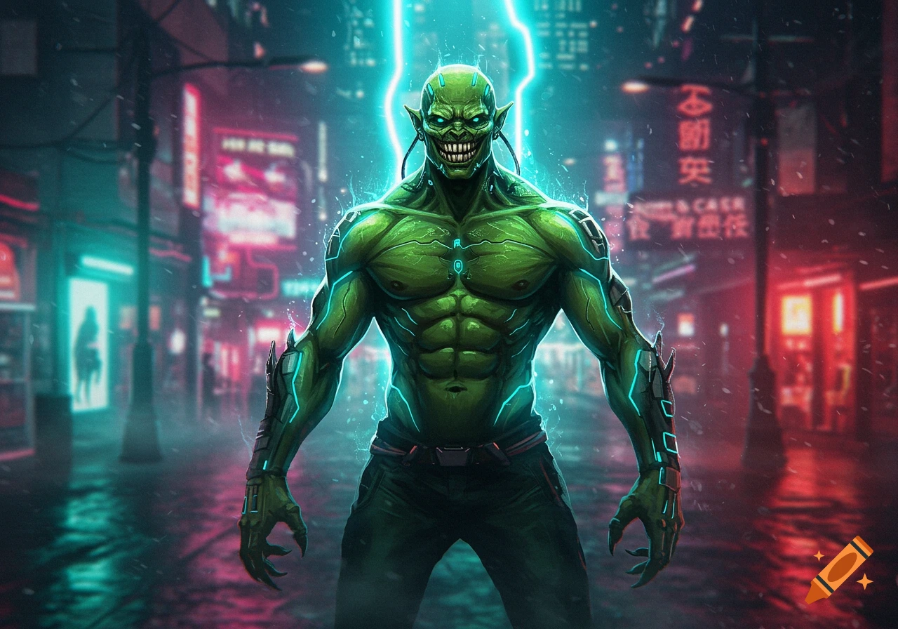 A green-skinned, muscular monster with glowing eyes and a sinister smile stands under neon lightning in a rainy cyberpunk city street.