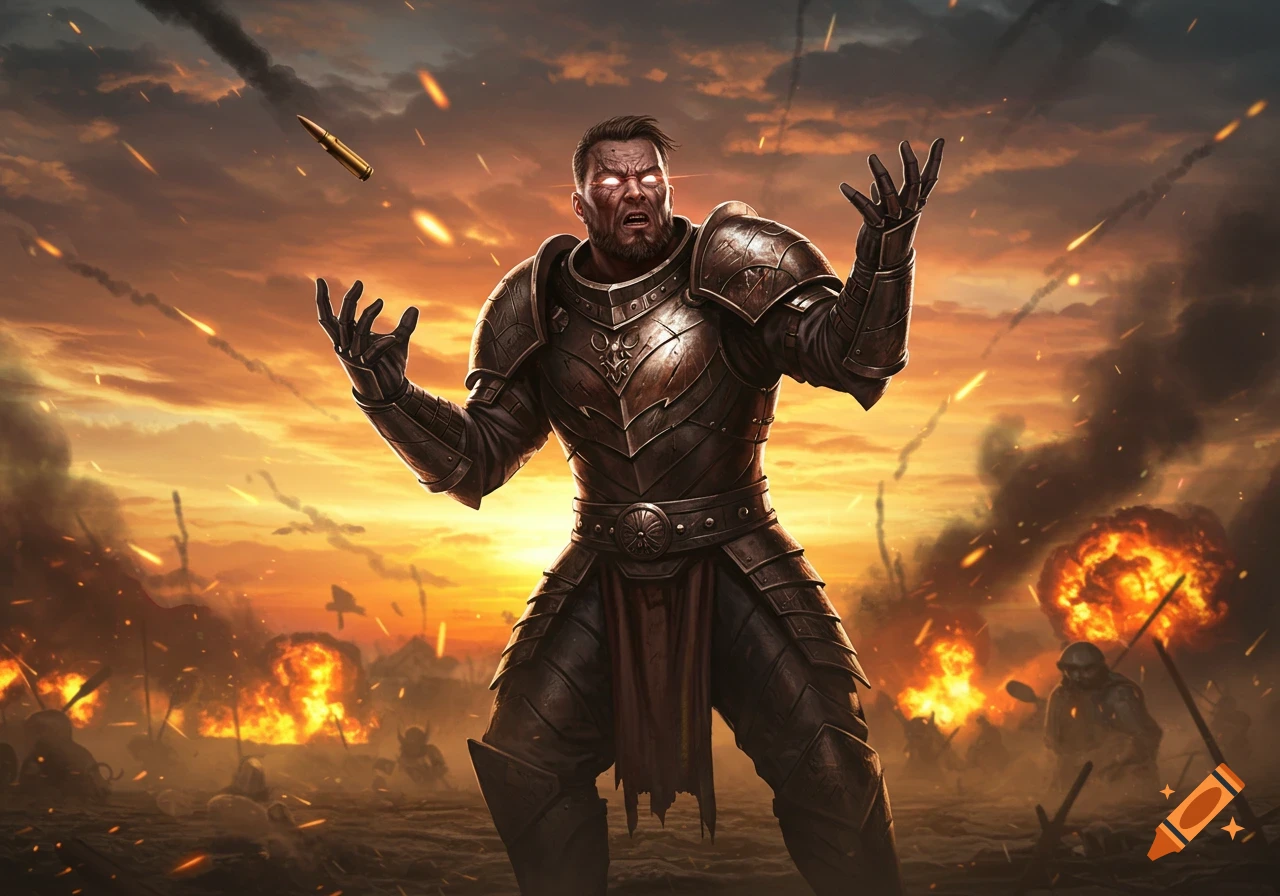 A powerful warrior in dark armor with glowing eyes stands on a fiery battlefield, hands outstretched as a bullet floats near.