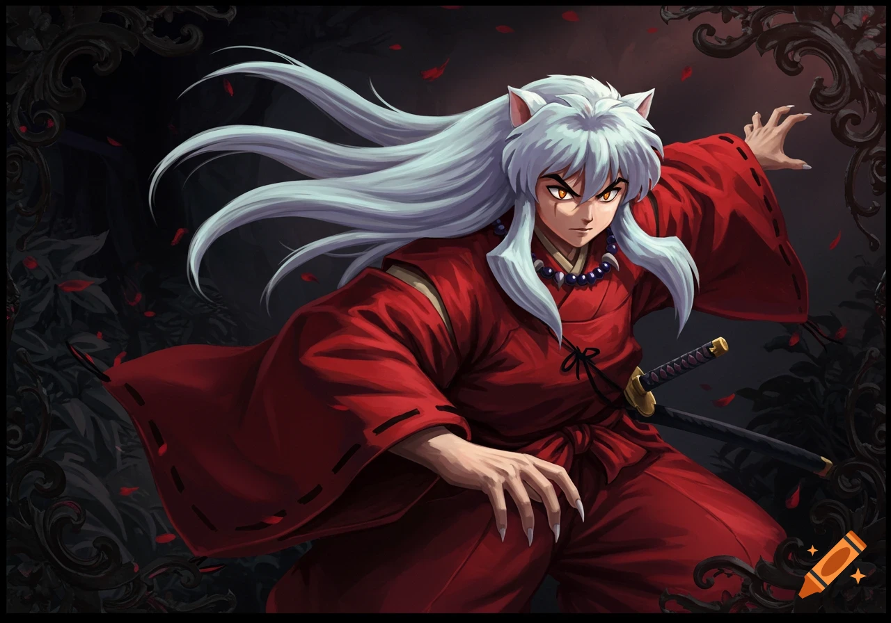 An anime character, Inuyasha, in a red kimono and white hair, stands in an action pose with glowing eyes and sharp claws.