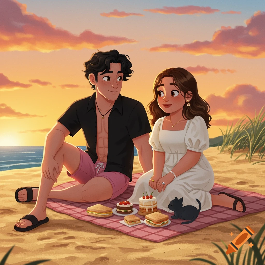 A cartoon couple enjoying a picnic on a sandy beach at sunset, with a black kitten nearby, in a Pixar-like animation style.