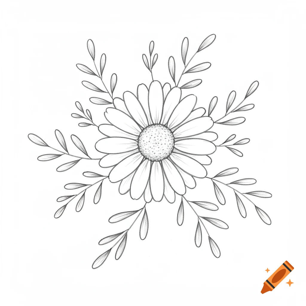 Black and white line drawing of a daisy-like flower surrounded by leaves.