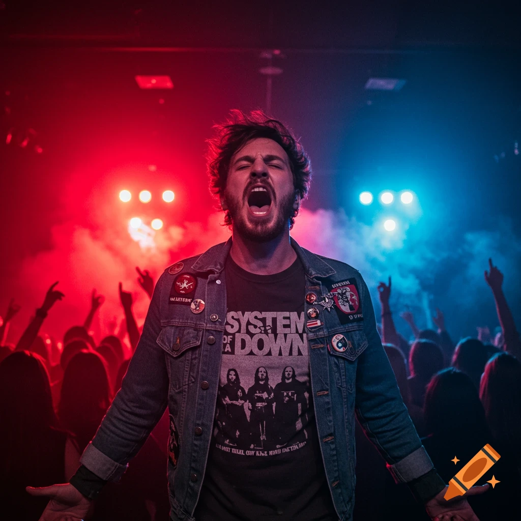 A man with a beard and denim jacket shouts into the air at a concert, surrounded by a crowd and red and blue stage lights.