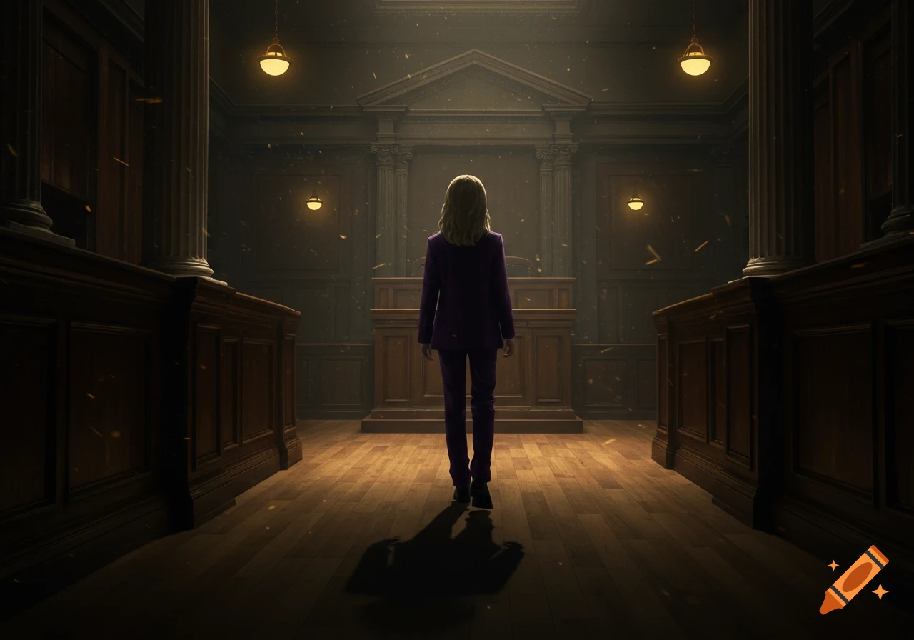 A person in a purple suit stands facing a judge's bench in a dark, empty courtroom.