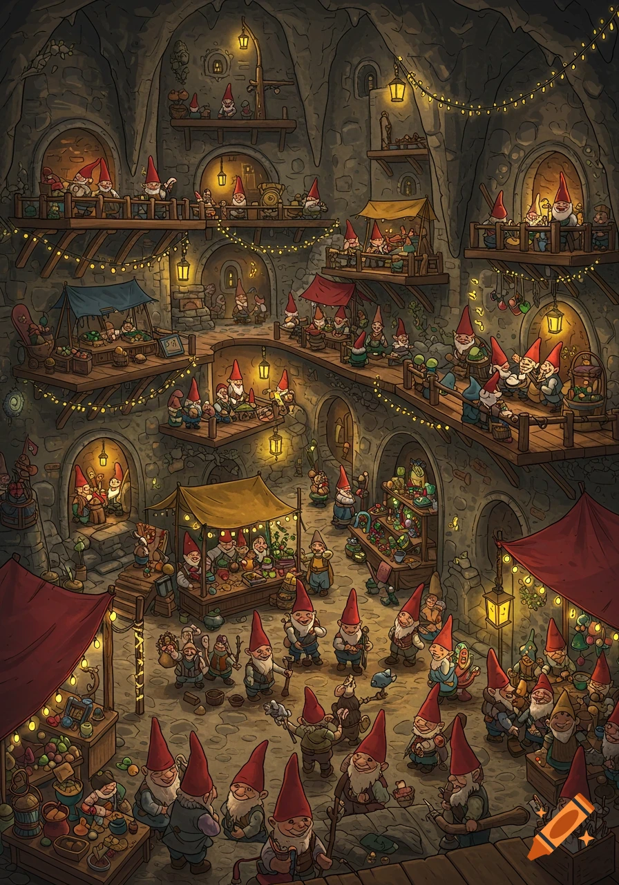 A vibrant cartoon illustration of a bustling gnome market inside a large cave, with multiple levels of stalls and gnomes.