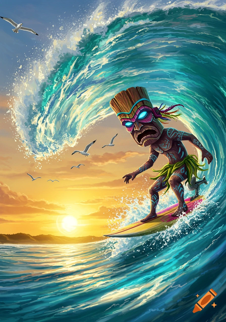 A vibrant illustration of a tiki character surfing a large ocean wave at sunset, with seagulls flying above.