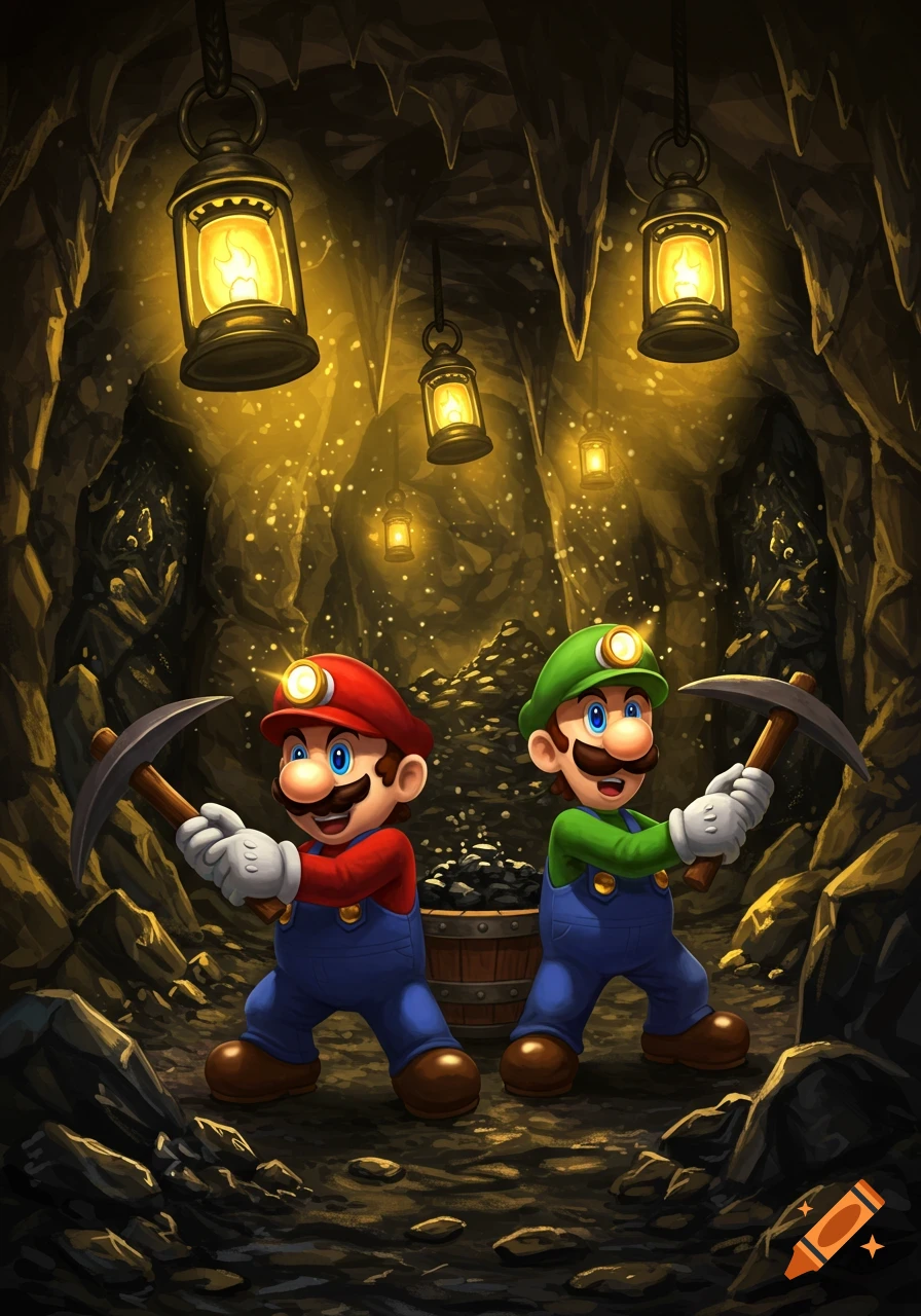 Mario and Luigi in a mining cave, holding pickaxes next to a barrel of coal, illuminated by hanging lanterns.