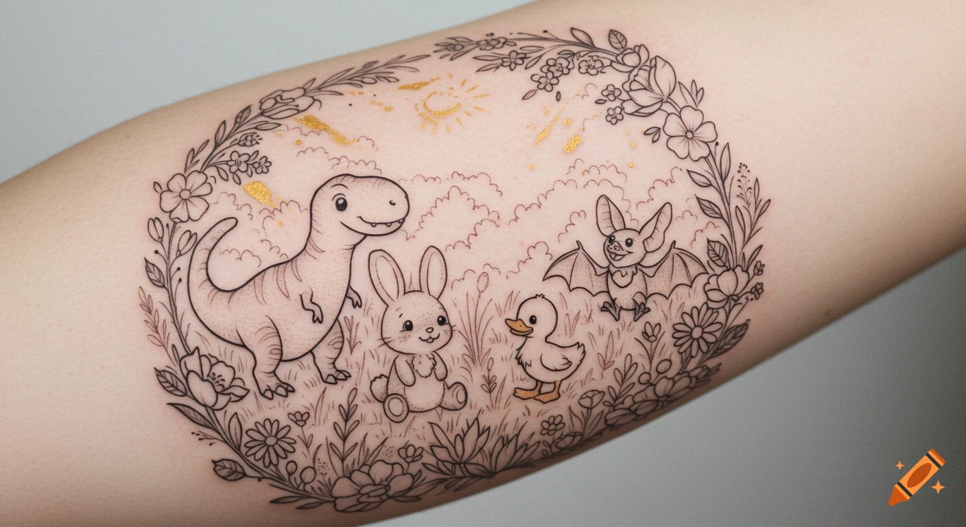A cute black outline tattoo on an arm, featuring a T-Rex, bunny, duckling, and bat among flowers and golden sunlight.