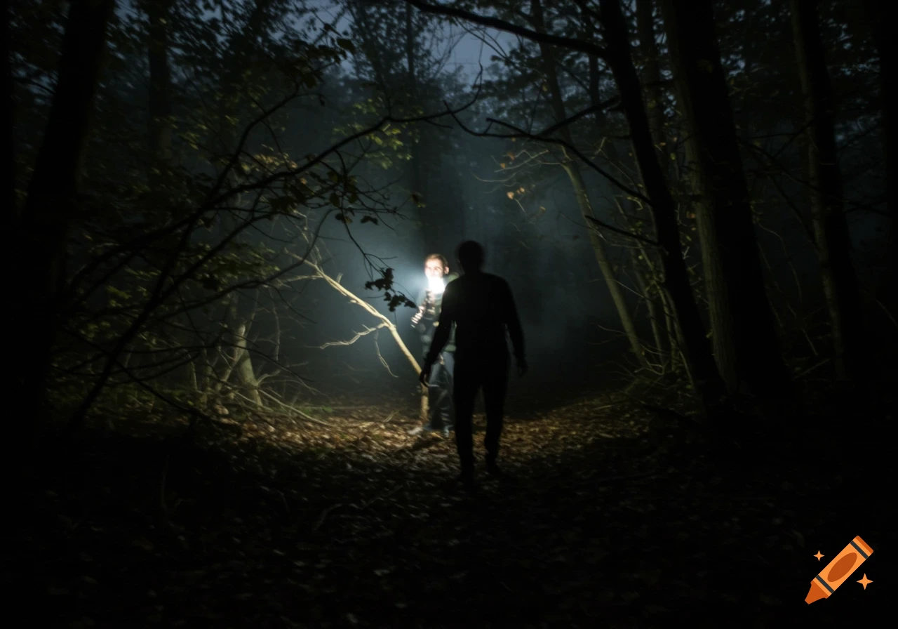 Two figures in a dark, misty forest at night, one illuminated by a bright flashlight, creating a sense of panic.
