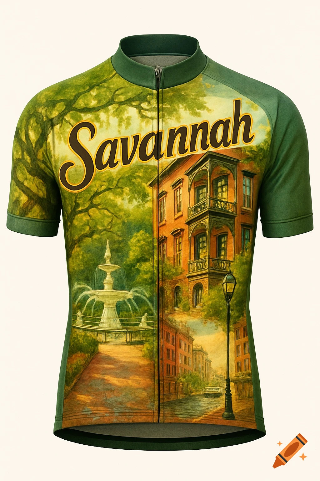 Green and yellow bicycle jersey featuring 'Savannah' text above a painted cityscape with a fountain, historic buildings, and trees.