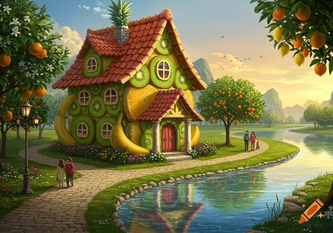 A whimsical house made of sliced fruits stands by a winding river, surrounded by green landscapes, fruit trees, and walking paths with people.