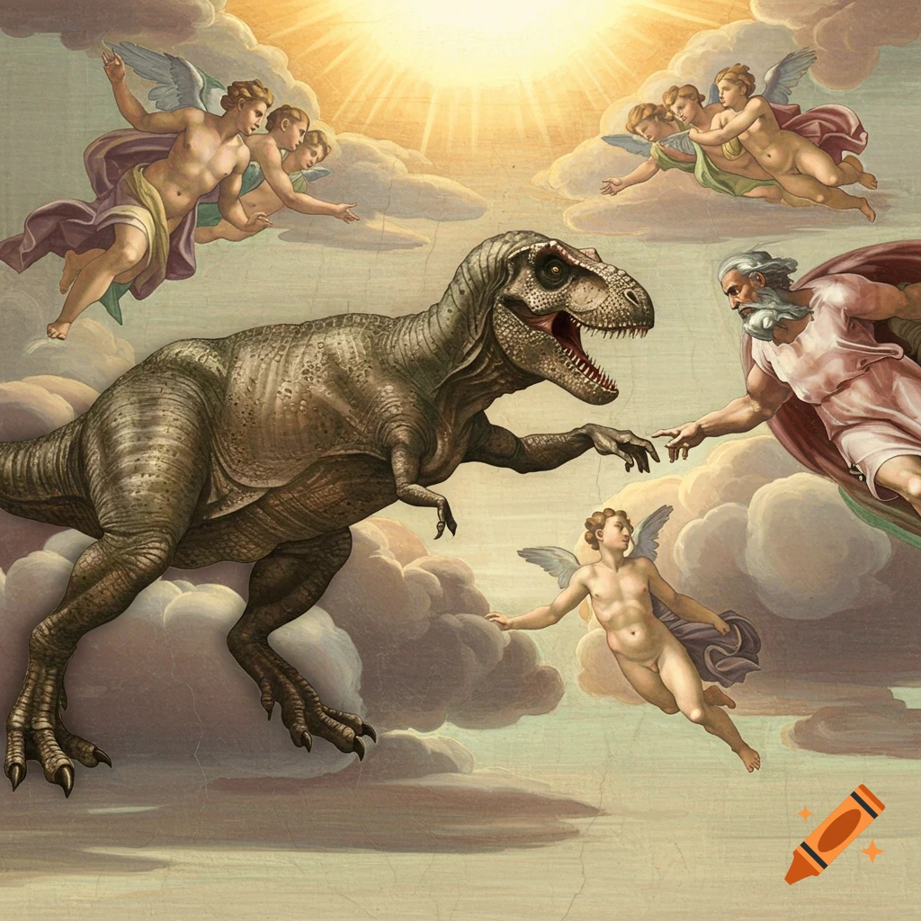 God reaches out to touch a large Tyrannosaurus Rex in the clouds, with angels surrounding them, in the style of Michelangelo's Creation of Adam.