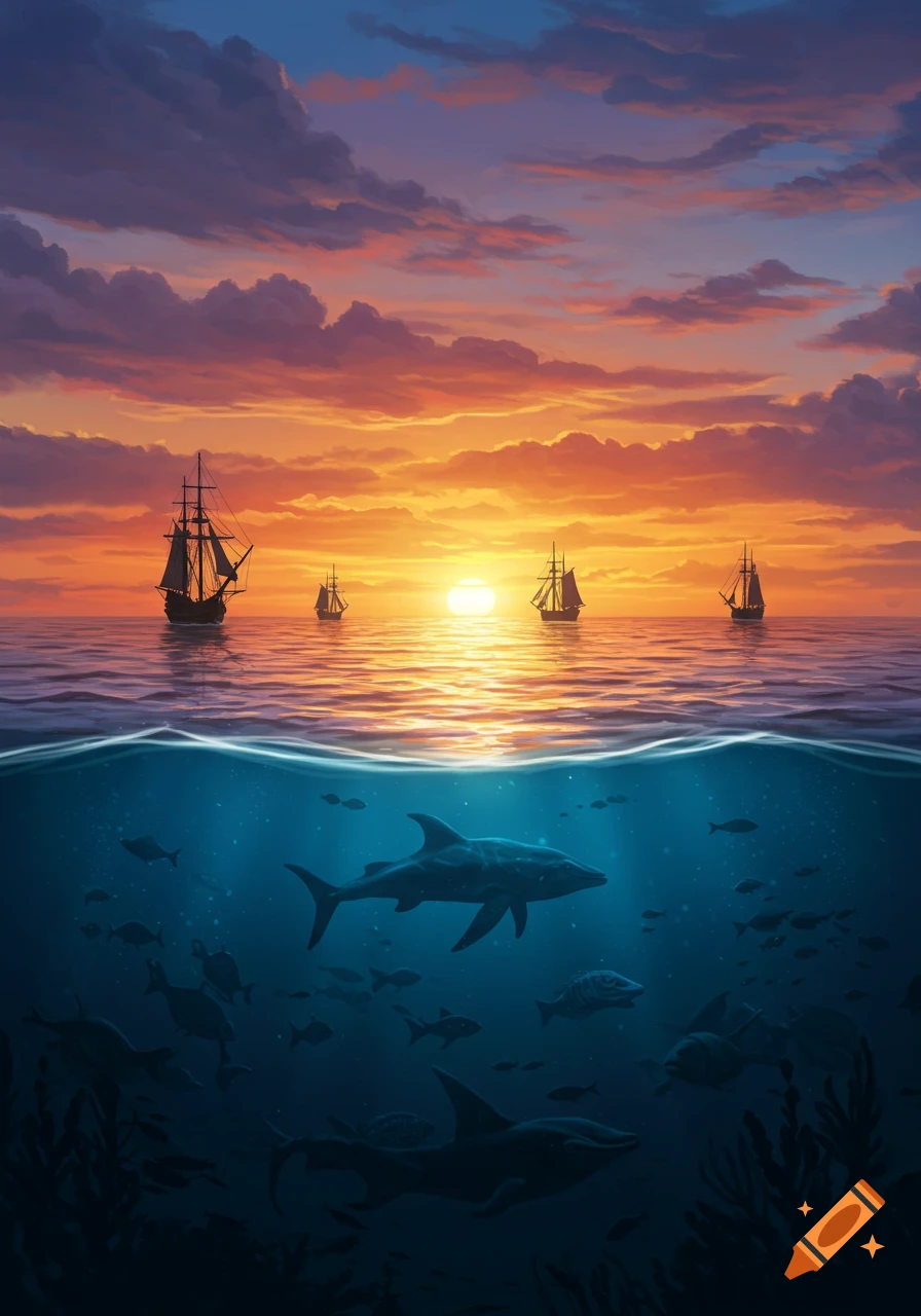 Vibrant drawing of a sunset ocean view with ships above and sharks, fish, and coral below the surface.