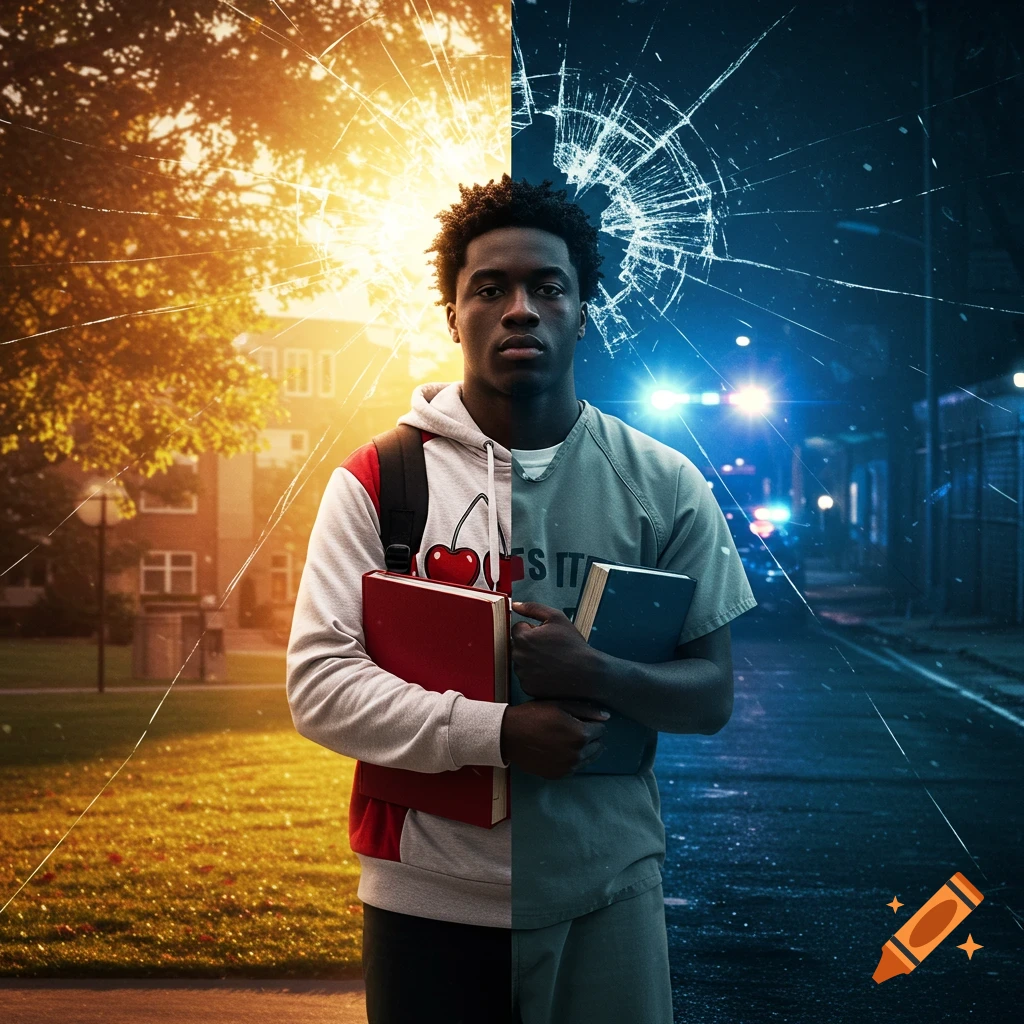 Young Black man in a split scene: student on sunny campus, prisoner on dark street with police lights. Shattered glass background.