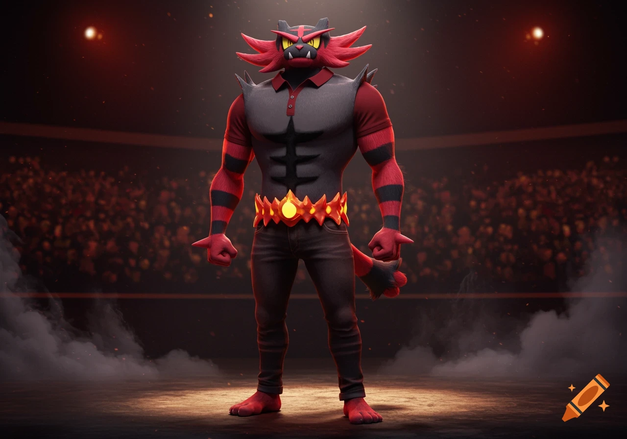 Incineroar from Pokemon wearing a red polo shirt and dark jeans, standing in a stadium arena.