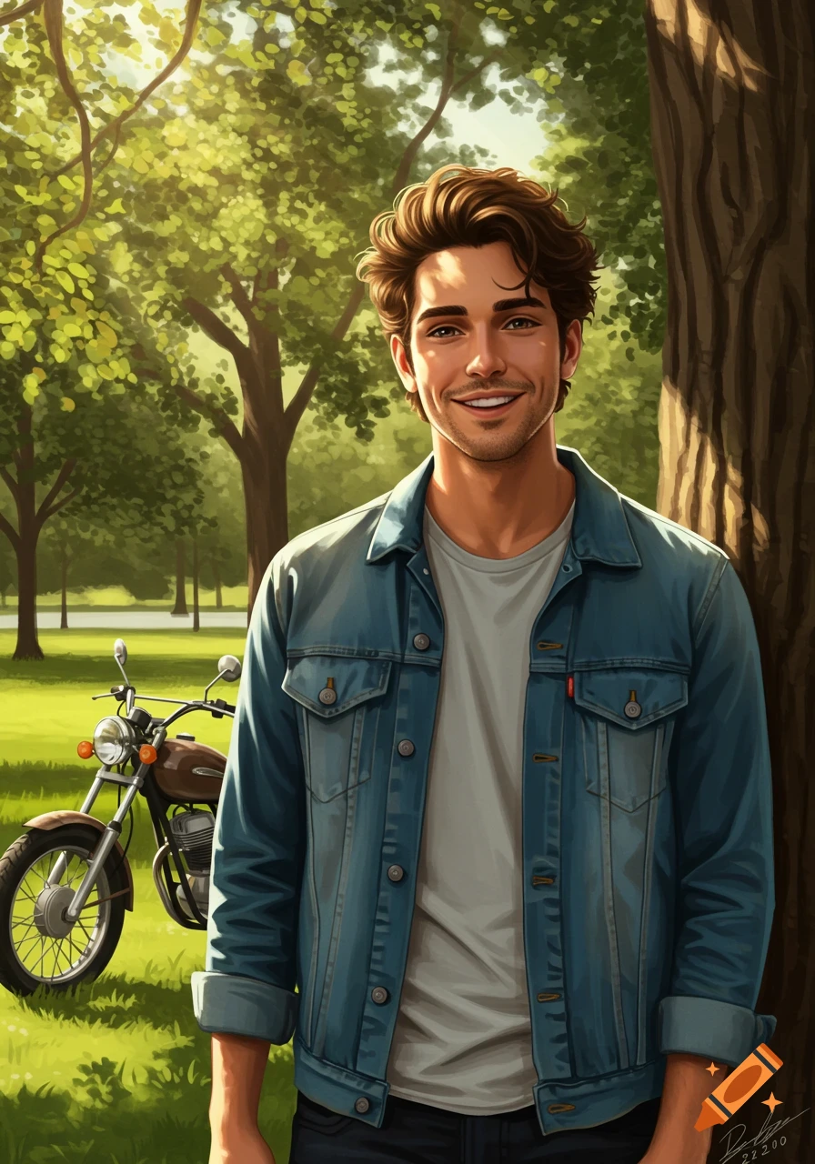 A smiling young man with brown hair stands in a park next to a tree, wearing a denim jacket, with a motorcycle in the background. Digital illustration.