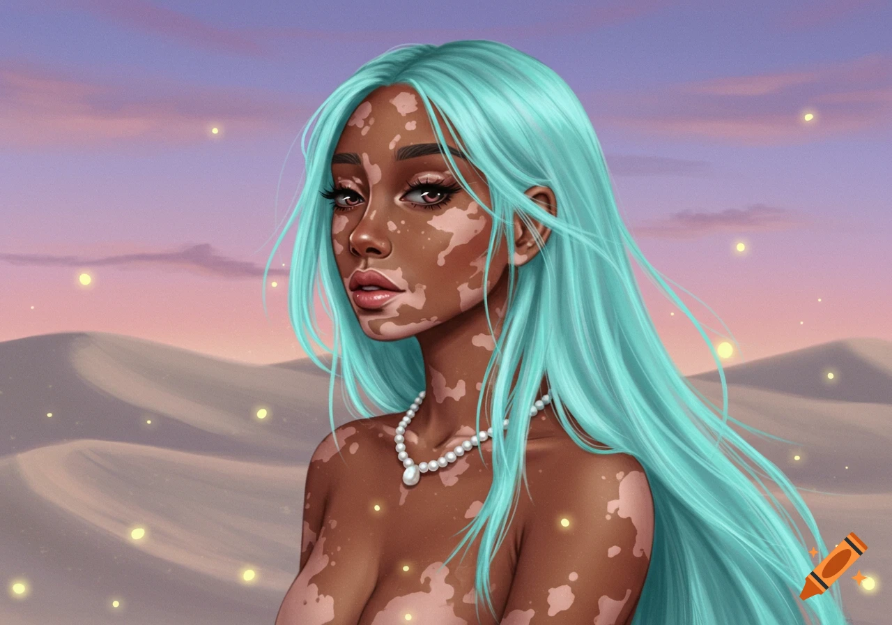 Illustrated portrait of a woman with vitiligo and long turquoise hair, wearing a pearl necklace, in a desert at sunset with glowing particles.