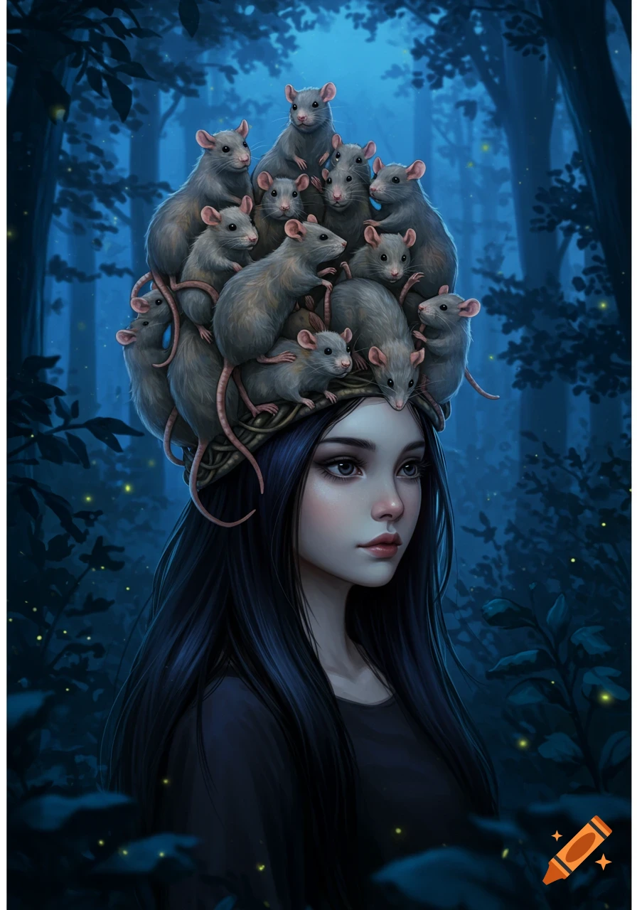 A fantastical digital art portrait of a girl with a crown of rats on her head in a dark forest.