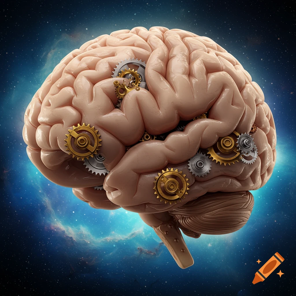 A detailed render of a human brain with intricate golden and silver gears embedded within it, set against a starry cosmic background.