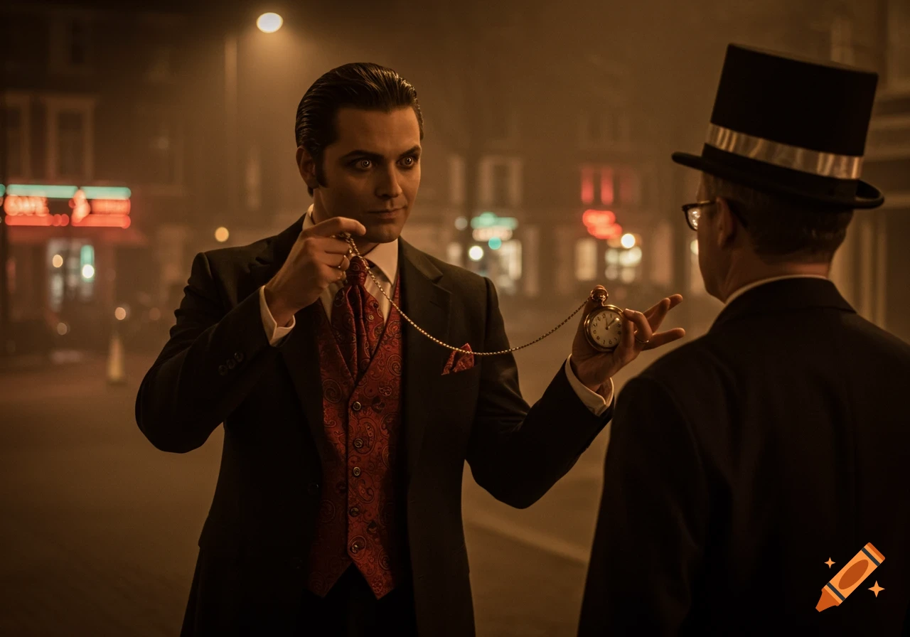 A dapper man in a black suit with a red patterned vest and tie holds a golden pocket watch, looking towards another man in a top hat on a foggy street at night.