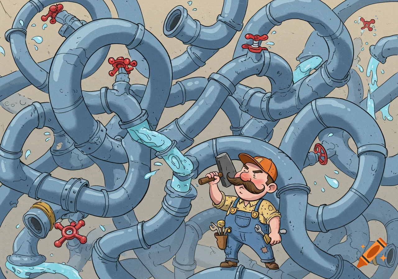 A cartoon plumber with a large mustache struggles to fix a complex system of leaky pipes with a hammer.