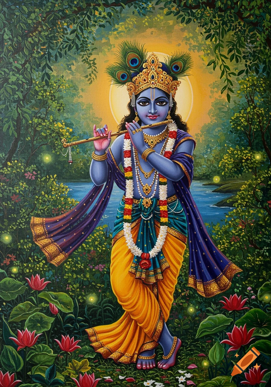 Painting of Lord Krishna with blue skin playing a flute in a lush forest, adorned with jewels and peacock feathers.