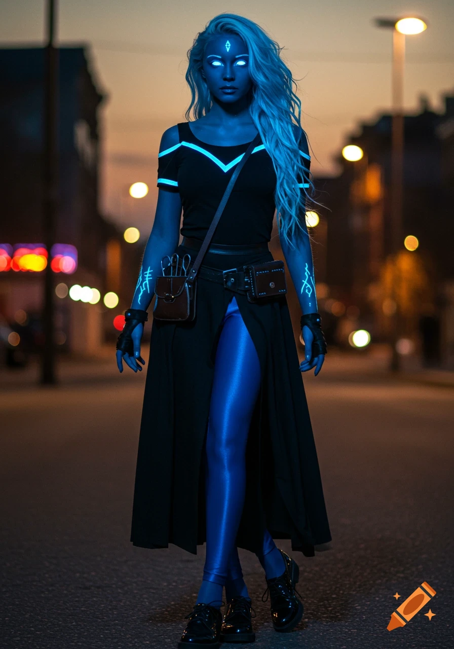 A blue-skinned woman with glowing eyes and blue hair in a black and blue outfit stands on a city street at night, with glowing symbols on her arms.