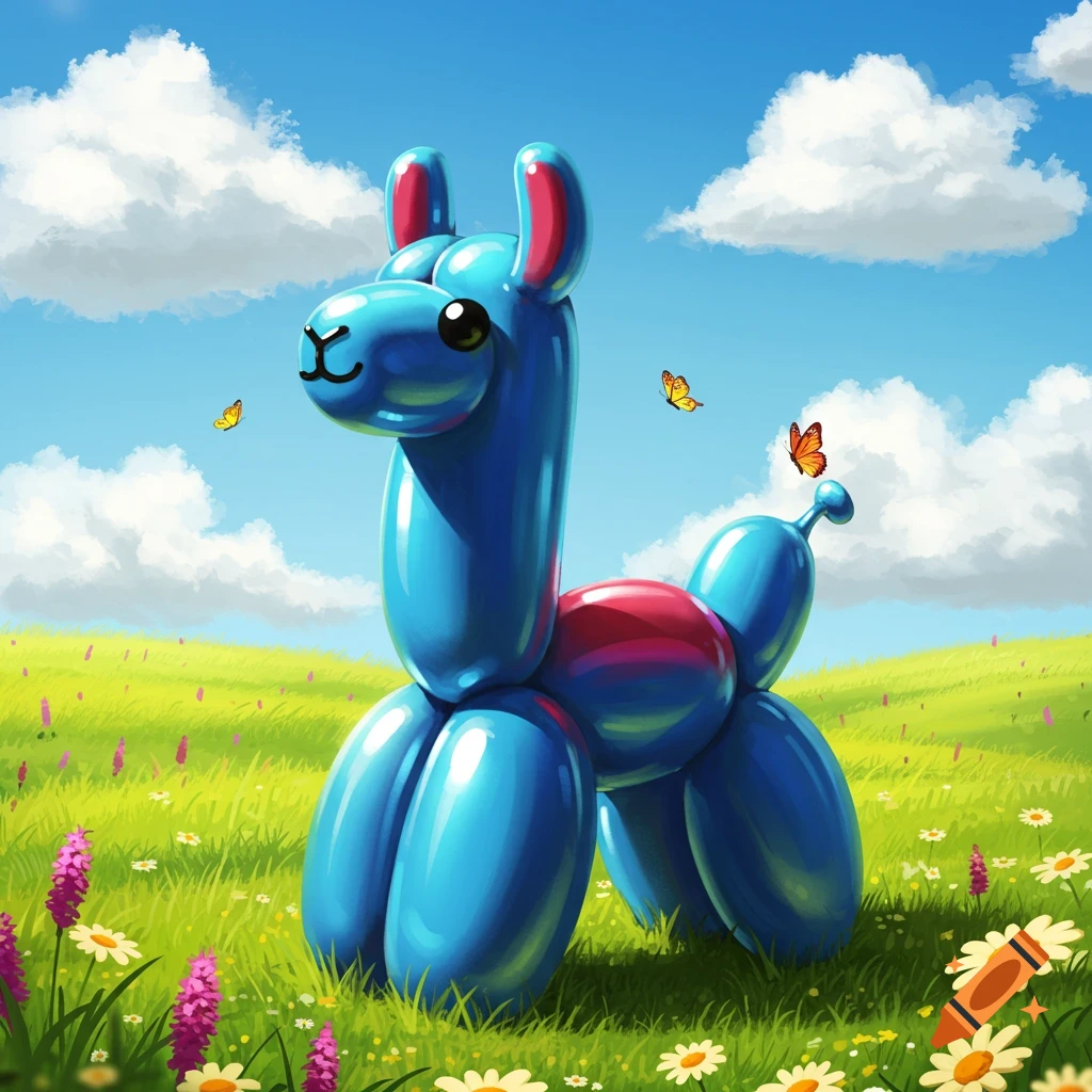 A glossy blue balloon llama with a red back stands in a bright green field with flowers under a blue sky with clouds and butterflies.