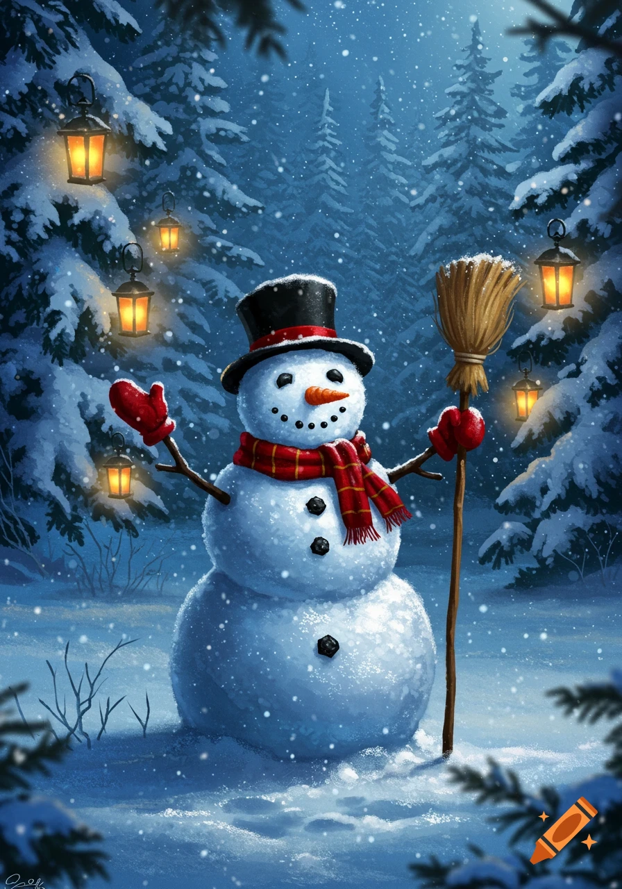 An illustration of a friendly snowman in a top hat and red scarf, standing in a snowy forest with glowing lanterns.