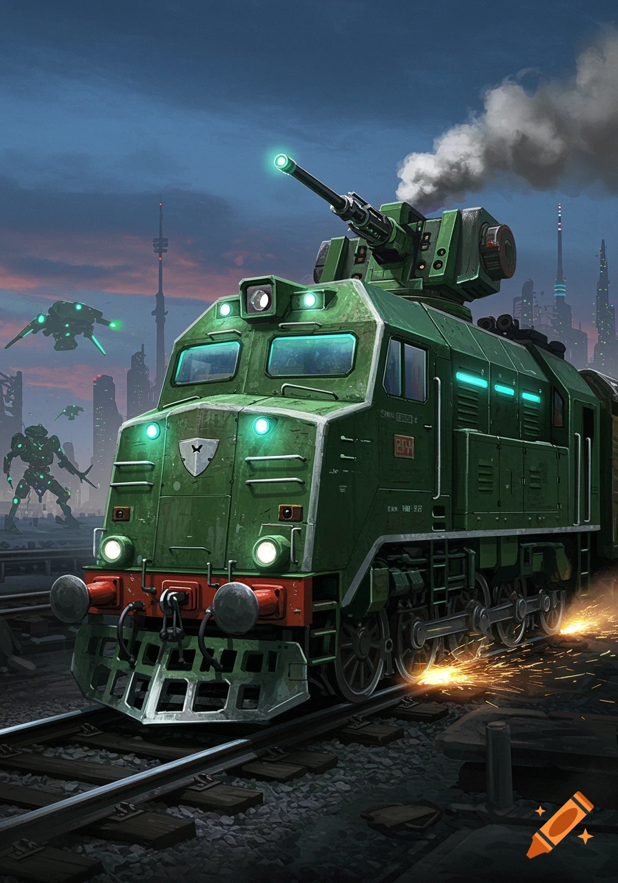 A heavily armored green futuristic train with a large gun on top sits on tracks, emitting smoke, with sparks flying from its wheels. In the background, alien robots and flying drones move through a futuristic city at dusk.