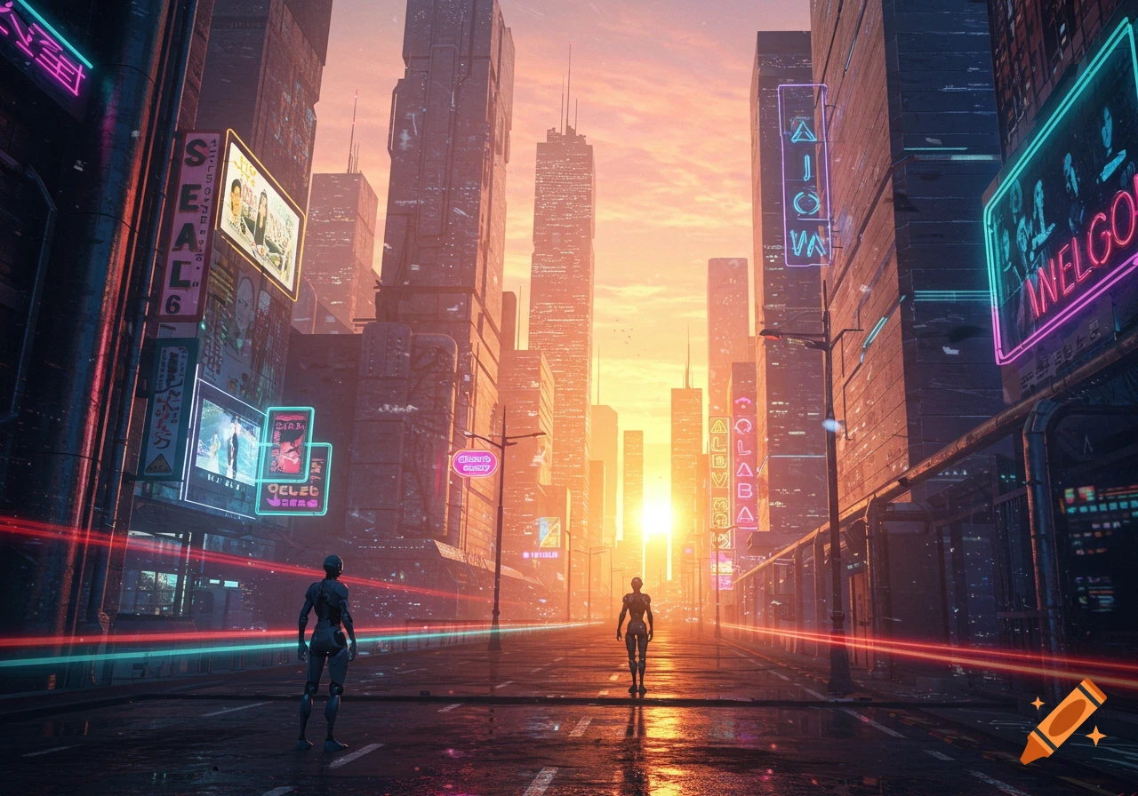 Two robots stand on a wet street in a vibrant cyberpunk city at sunset, with towering skyscrapers and neon signs.
