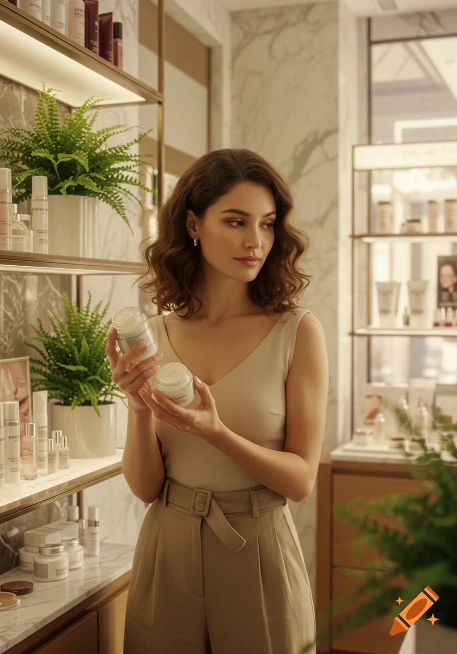 A realistic woman in a store holding two jars of moisturizer, surrounded by other beauty products and plants on shelves.
