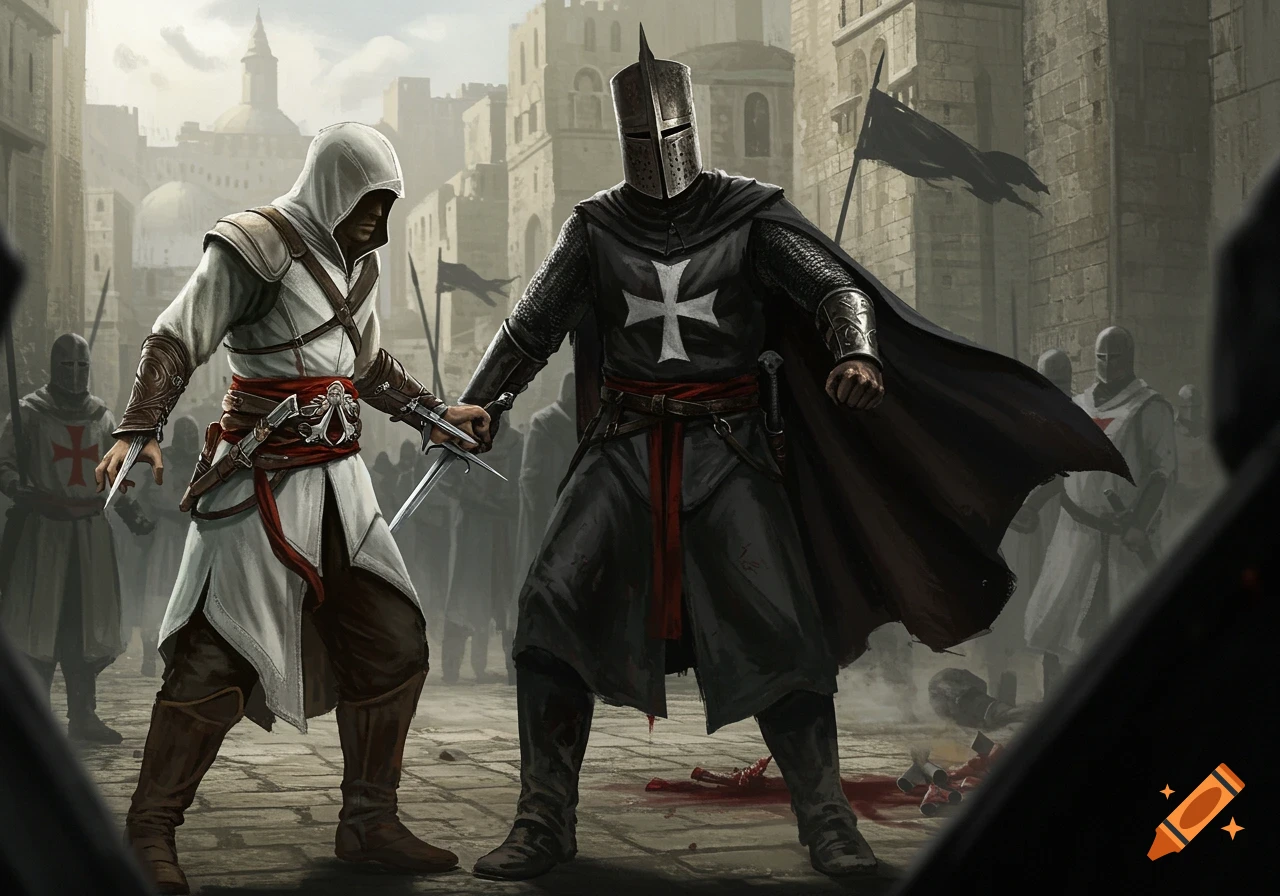 An assassin in white robes stabs a knight in black armor with a white cross in a gloomy city street, with blood on the ground.