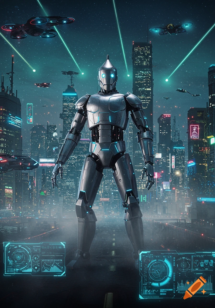A large metallic robot stands on a road in a futuristic city at night, with glowing skyscrapers, flying drones, and laser beams overhead.
