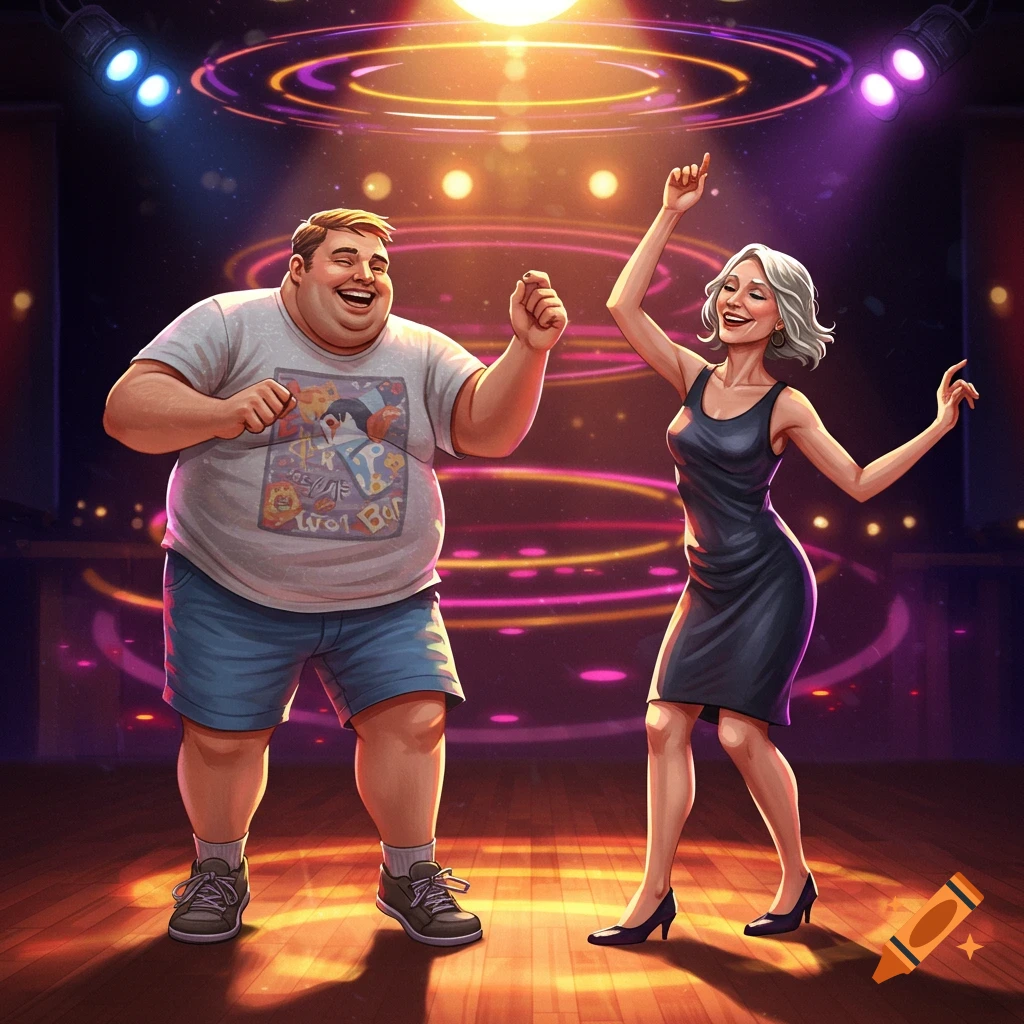 A heavyset man and a slender woman dance on a vibrant club dance floor with bright spotlights and neon rings in an illustration.