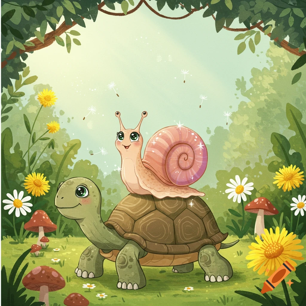A cute cartoon snail rides on the back of a cute cartoon turtle through a vibrant green forest with mushrooms and dandelions.