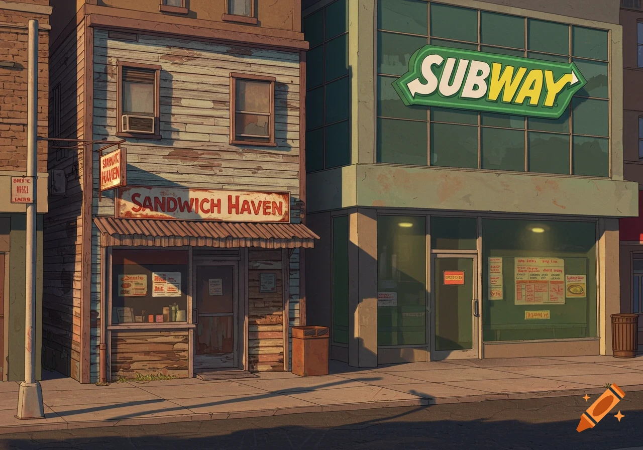 An illustrated street scene featuring a rundown sandwich shop next to a modern Subway restaurant.