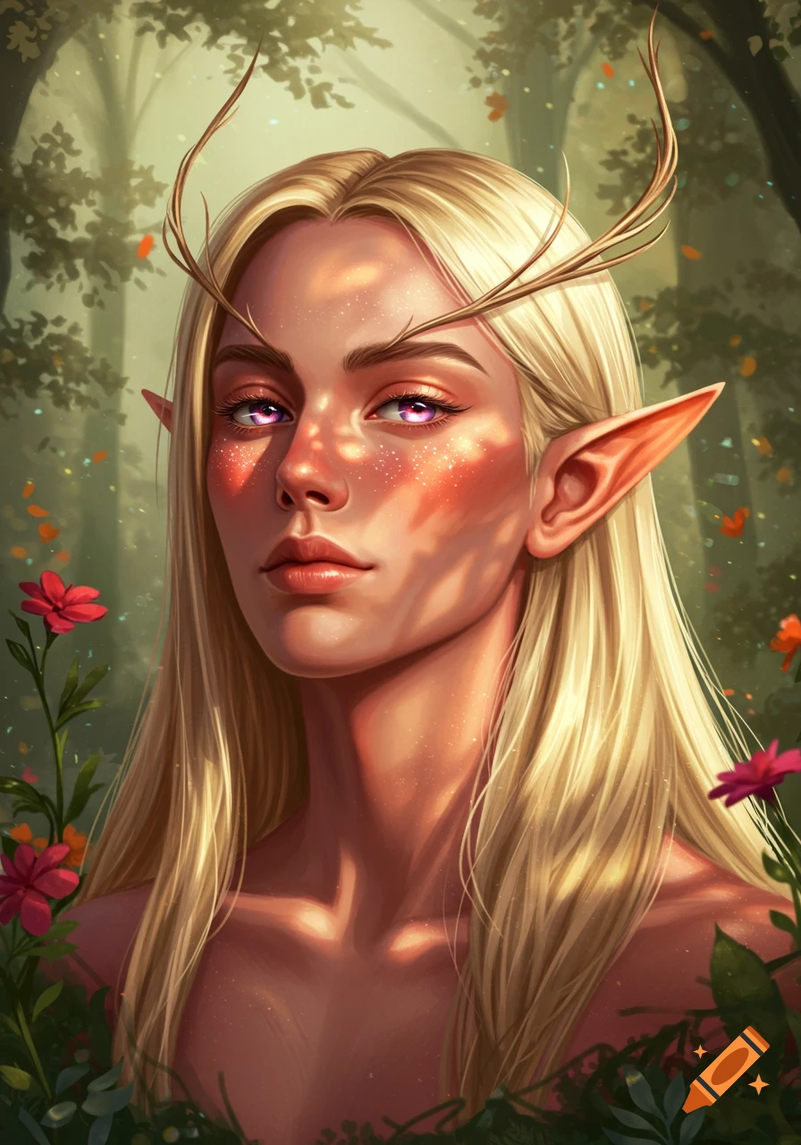 Portrait of a blonde elven woman with pointed ears and antlers in a sunlit forest, surrounded by red flowers.