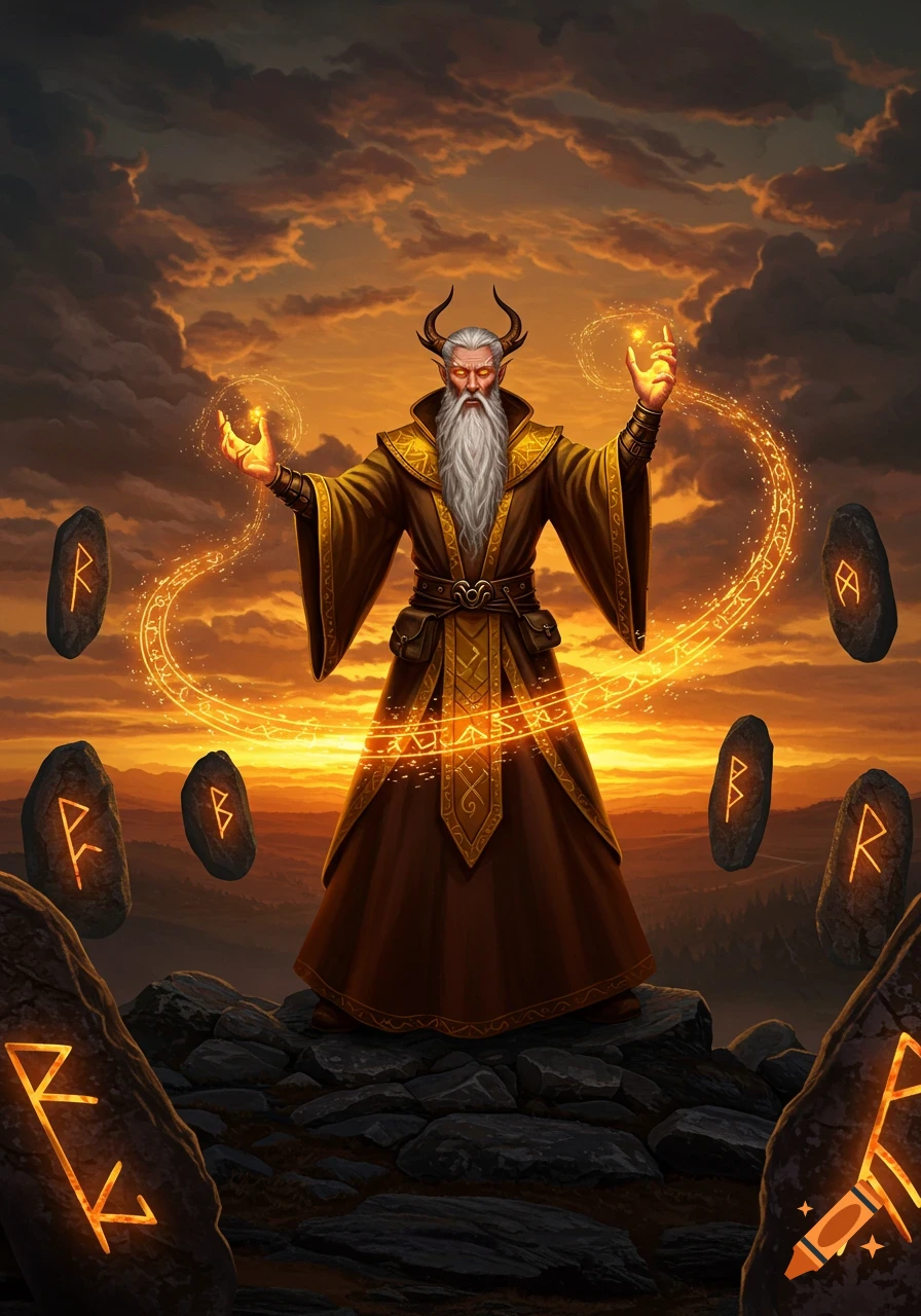 A horned wizard with a white beard stands on a rocky outcrop, casting a spell with glowing runes floating around him, against an orange sunset.