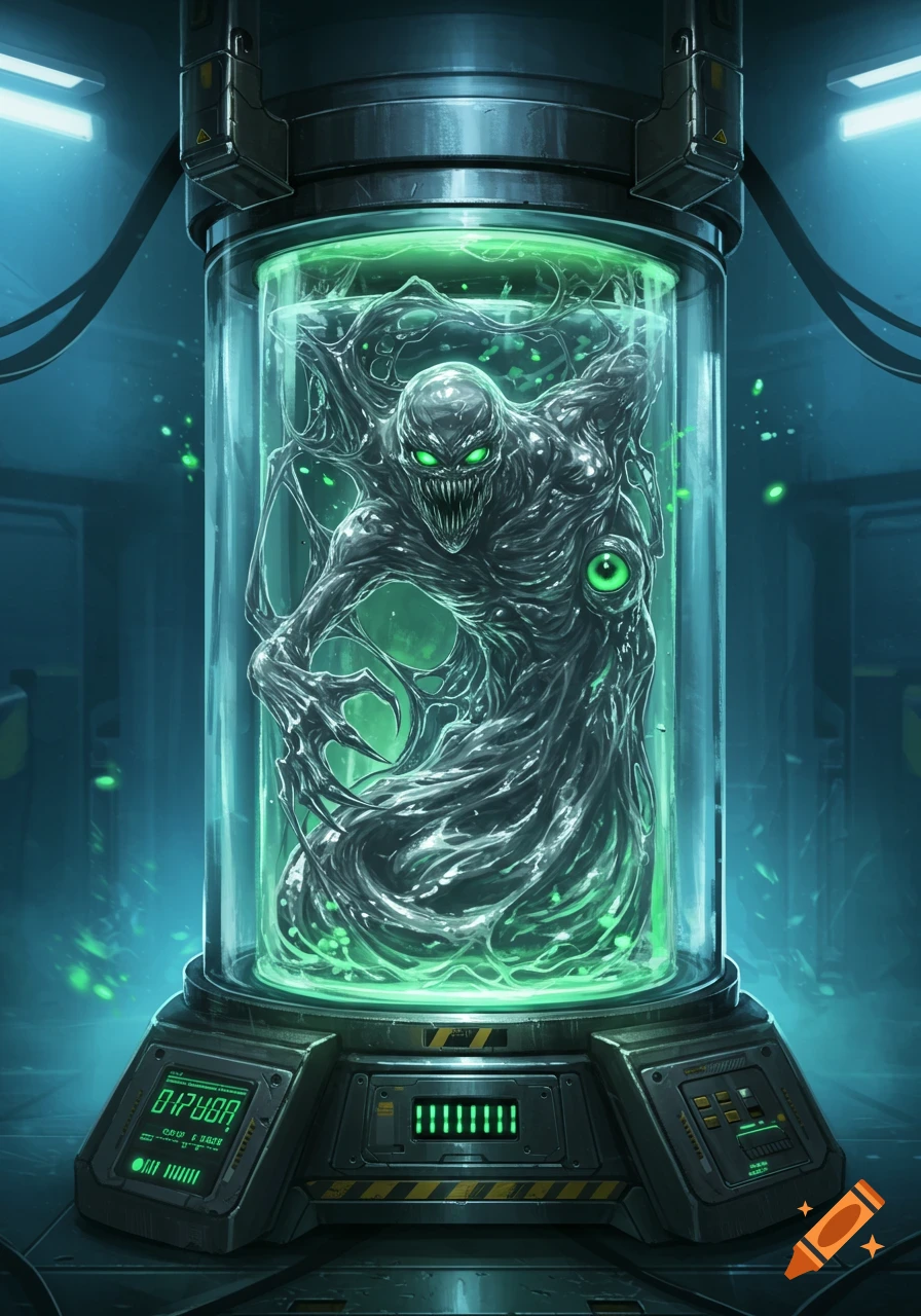 A monstrous, dark, sludge-like creature with glowing green eyes and sharp teeth contained in a tall glass canister filled with luminous green liquid, in a dark sci-fi lab.