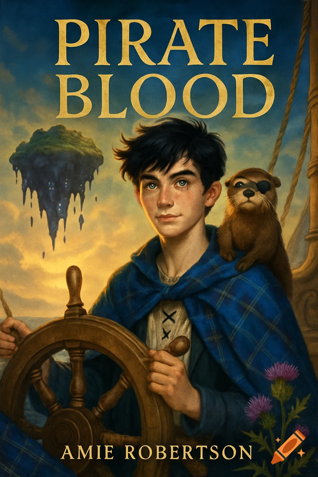 A young Scottish boy with a pet otter wearing an eye patch on a ship's helm, with a floating island in the background. Book title 'PIRATE BLOOD' by Amie Robertson.