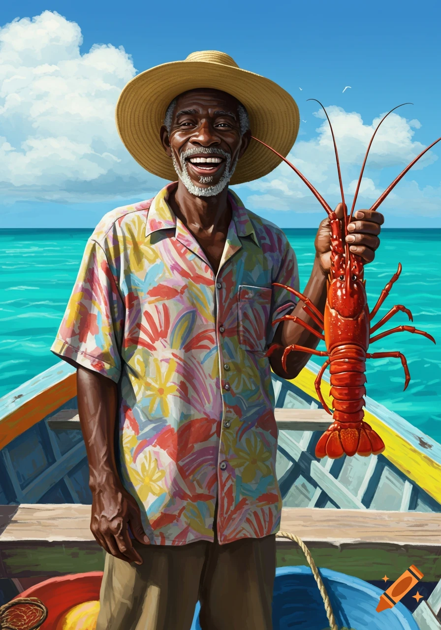 A smiling Black man in a straw hat and colorful shirt holds a large red lobster while standing on a wooden boat in clear blue tropical waters.