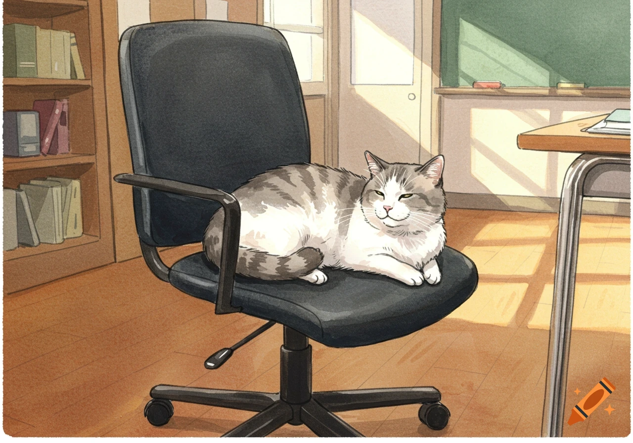 A tabby cat lounges on a black office chair in a sunny classroom, watercolor illustration.