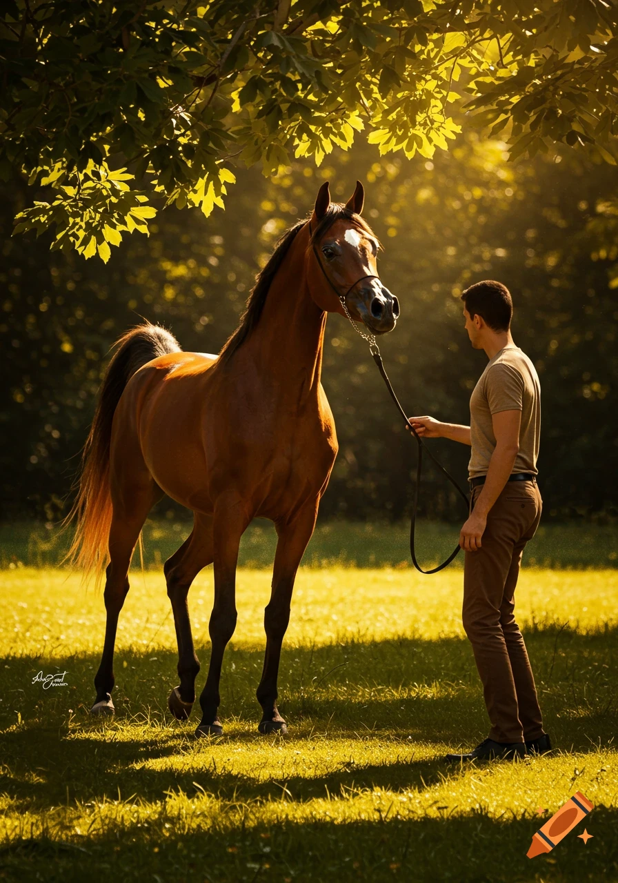 A man holds a beautiful Arabian horse by a lead rope in a golden, sun-dappled field under green trees.