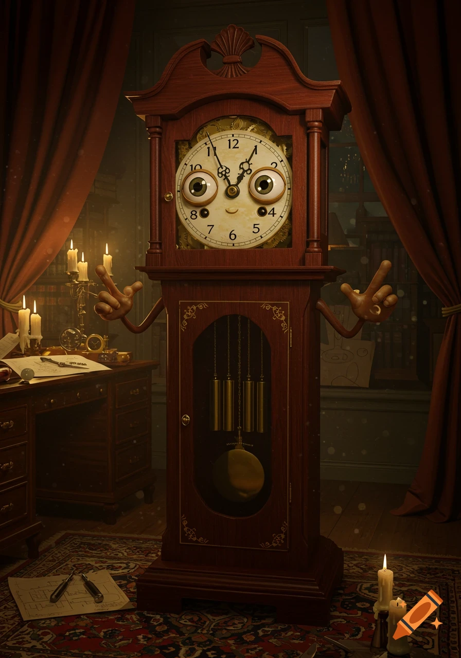 A friendly, cartoonish grandfather clock with big eyes and hands stands in a dimly lit, old-fashioned study, surrounded by antique furniture.