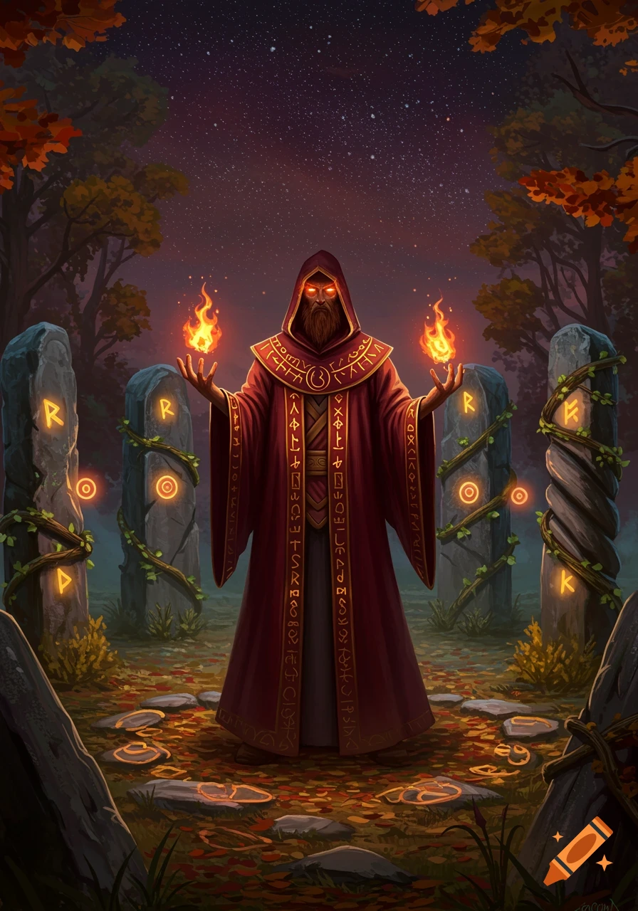 A bearded wizard in a red robe with glowing runes stands among ancient rune stones under a starry night sky, casting fire spells.